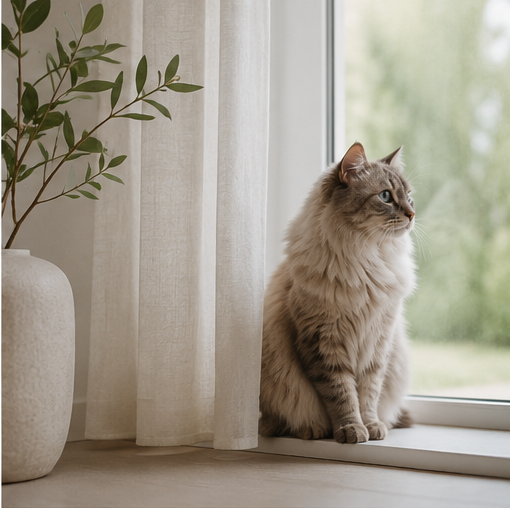 A grey cat sitting on a windowsill in a bright, minimalist room