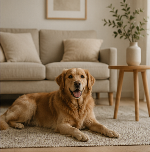 A golden retriever relaxing in a calm, minimalist living room