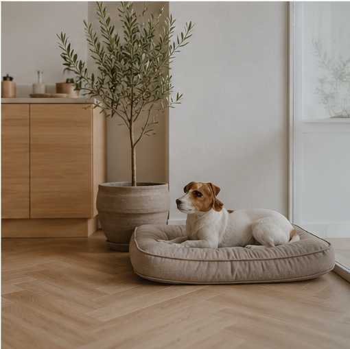 A dog resting in a bed in a bright kitchen with a potted olive tree