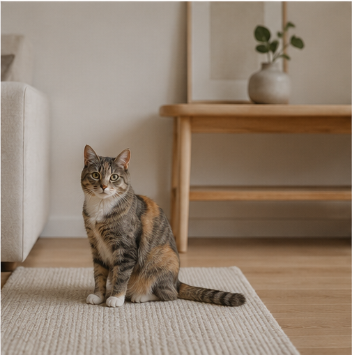 A grey and tabby cat sitting on a woven rug